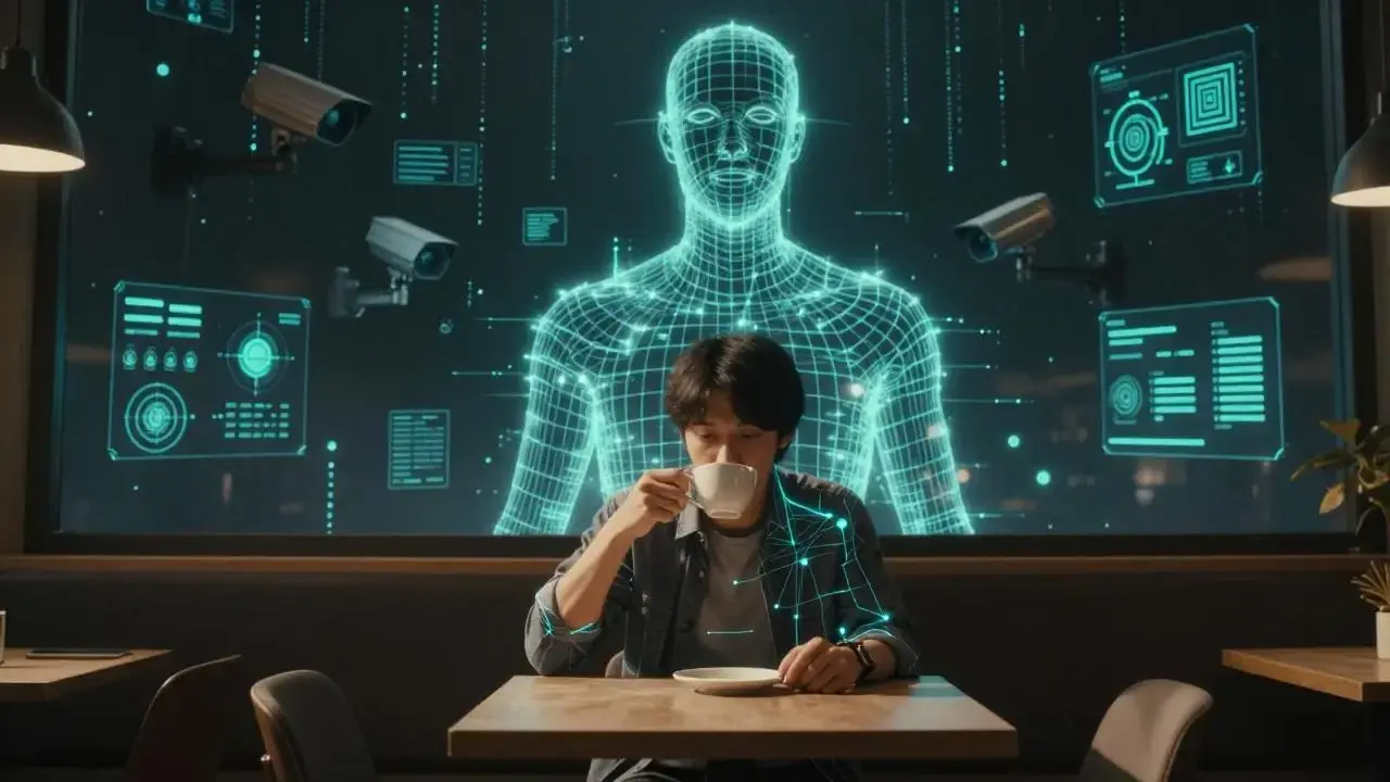 A man drinks coffee at a café table while a large digital wireframe human figure looms behind him. Surveillance cameras and floating teal data panels surround him, and a network of tracking points overlays his body.